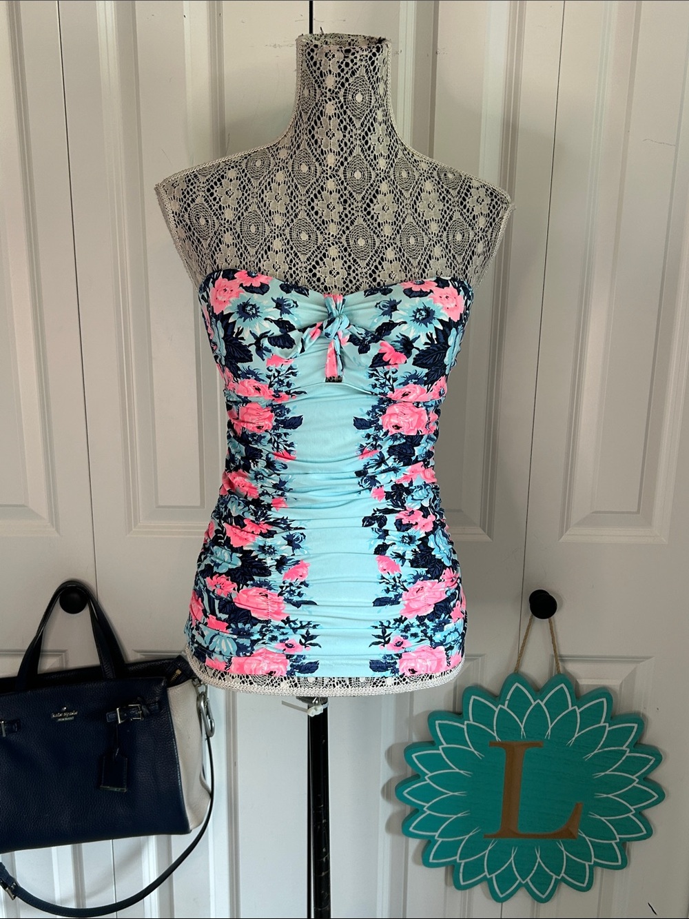 Seafolly Strapless Floral Ruched Swim Top - Aqua Blue with Pink Roses size 10